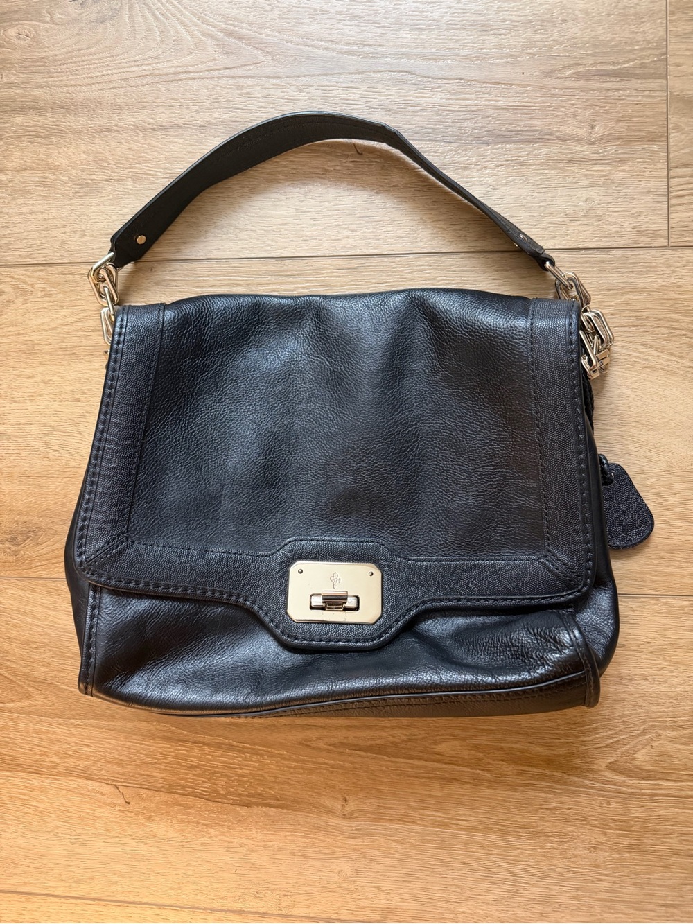 Cole Haan Black Leather Shoulder Satchel with Turn-Lock Accent